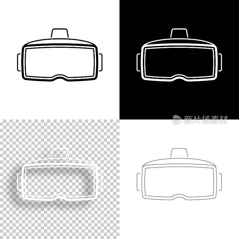 虚拟现实耳机- VR。图标设计。空白，白色和黑色背景-线图标